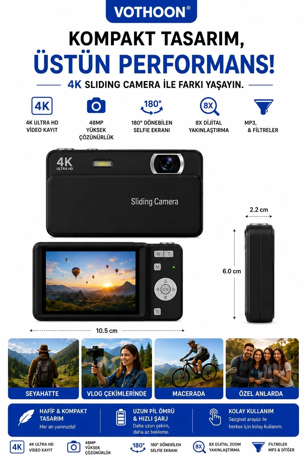 Dijital Kamera 4K HD 48MP 8X Zoom Flaşlı Kayar Retro Video Kamera 2.4’’ Ekran 64GB SD Kart Hediyeli Siyah görsel 4