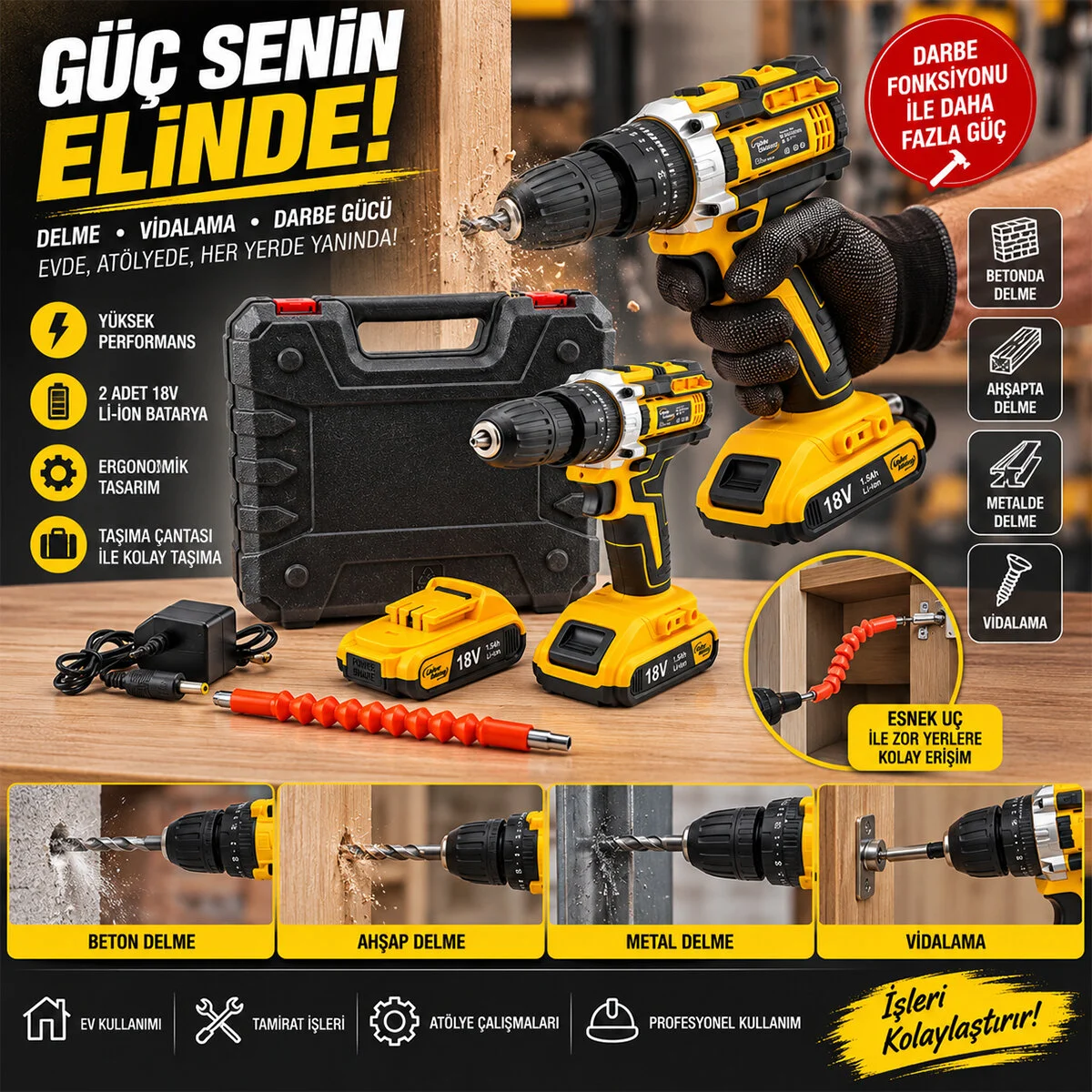 Sarı 1850 Rpm Stanlıy-cordless 18W Şarjlı Matkap Seti Çantalı Yedek Batarya ATS1402 görsel 4