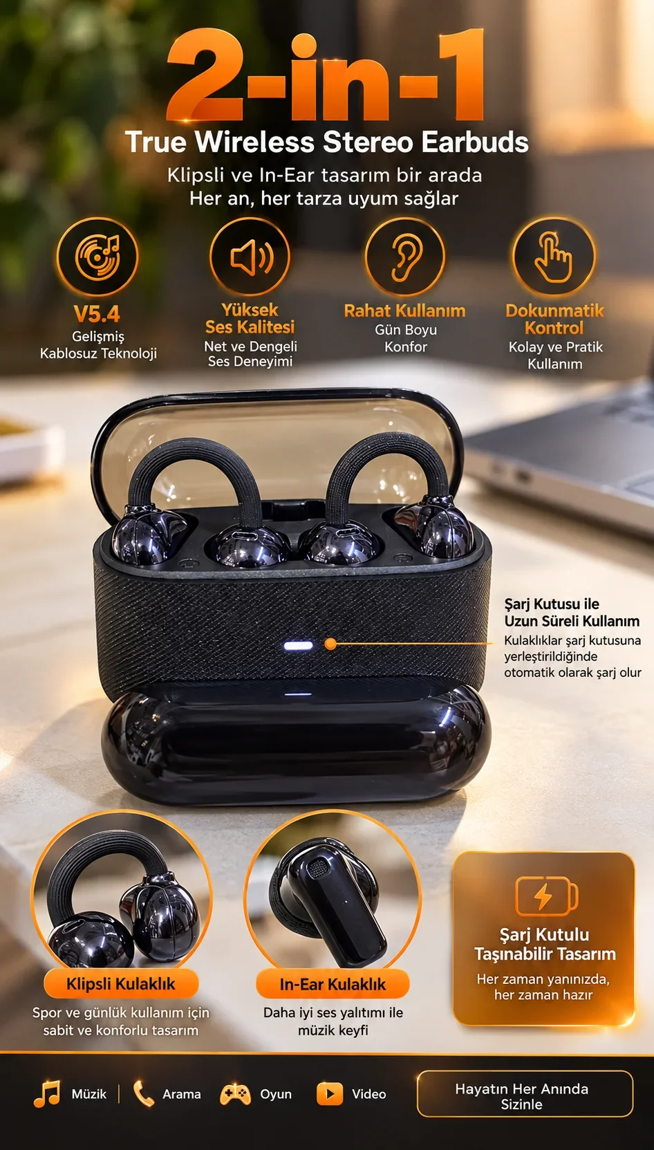 4 Kulaklıklı Kablosuz Bluetooth Kulaklık Klipsli ve Kulak İçi Kullanım 2’si 1 Arada Hi Fi Yüksek Ses Kalitesi Dokunmatik Kontrol Şarj Kutusu Siyah