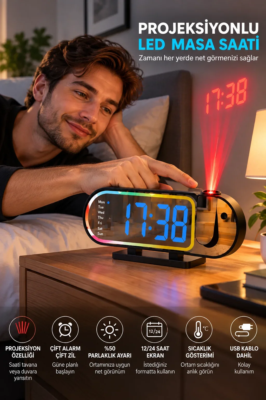 Modern LED Masa Saati Dijital Ekranlı Alarm Parlaklık Ayarlı 12 24 Saat Sıcaklık Göstergeli