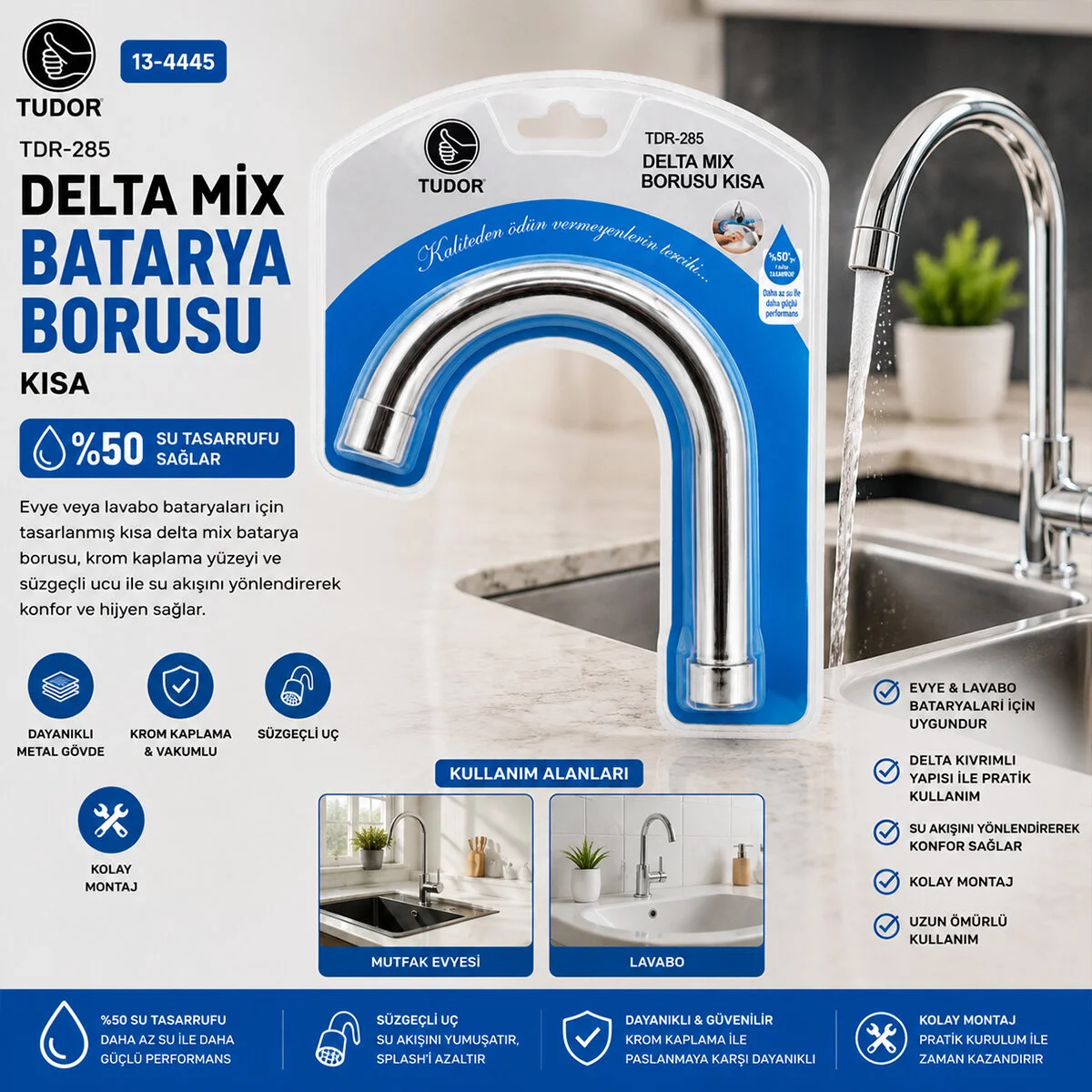 Kuğu Evye - Lavabo Kısa Delta Mix Batarya Borusu Krom Kaplama - Vakumlu - Süzgeçli Uç