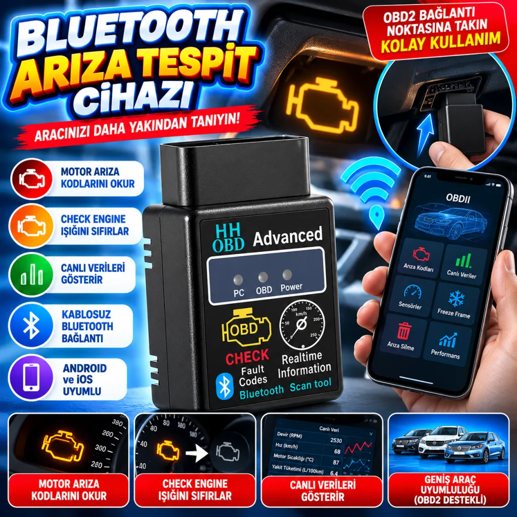 Bluetooth Arıza Tespit Cihazı – Araç Motor Arıza Okuma, Check Engine Sıfırlama, Oto Diagnostik Scanner