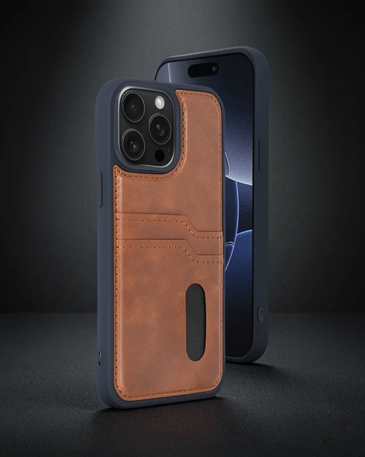 Apple İphone 15 Pro Max Kılıf Sara Kartvizitli Deri Kılıf - Taba