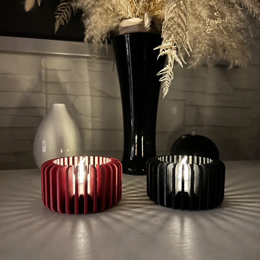 3D Baskı Modern Çizgili Mumluk - Tealight Mumluk (1 Adet)-Kırmızı görsel 2