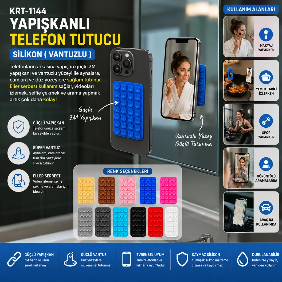 50 Adet Yapışkanlı Telefon Tutucu Renkli Silikon Vantuzlu görsel 2