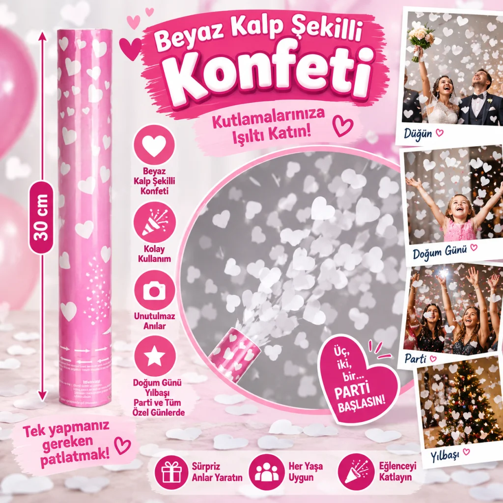 Beyaz Kalp Şekilli Konfeti 38 cm