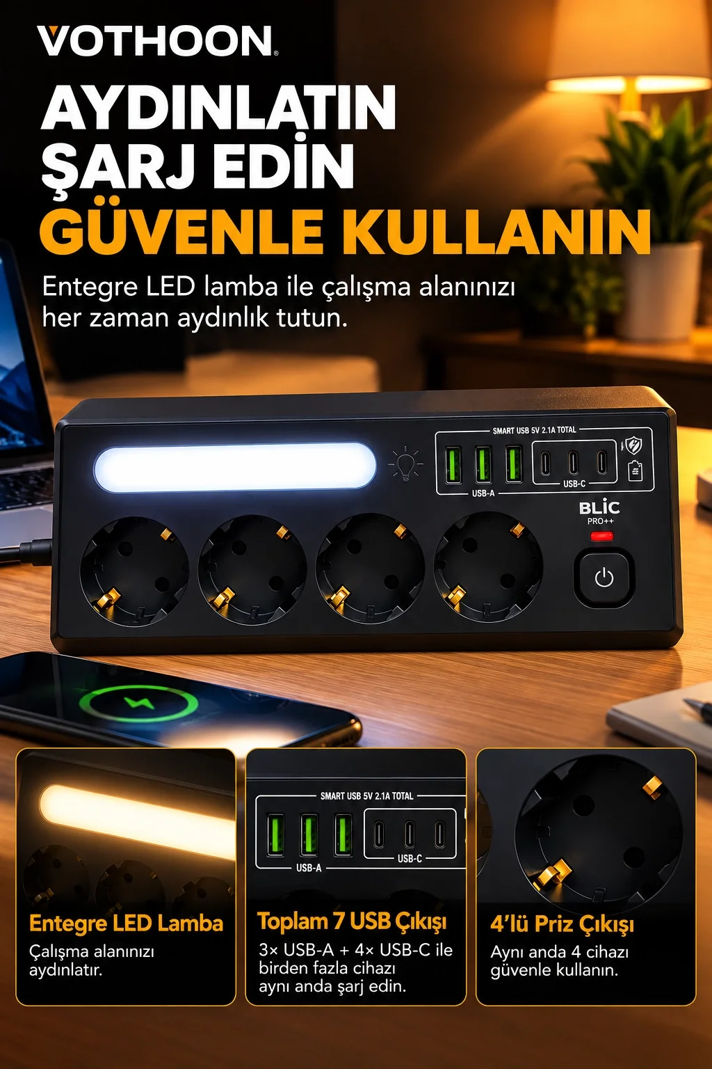 Çoklu Gece Lambalı Üçgen Priz Akım Korumalı 4’LÜ Priz 3XUSB 3XType-C Çıkışlı Grup Priz Siyah görsel 2