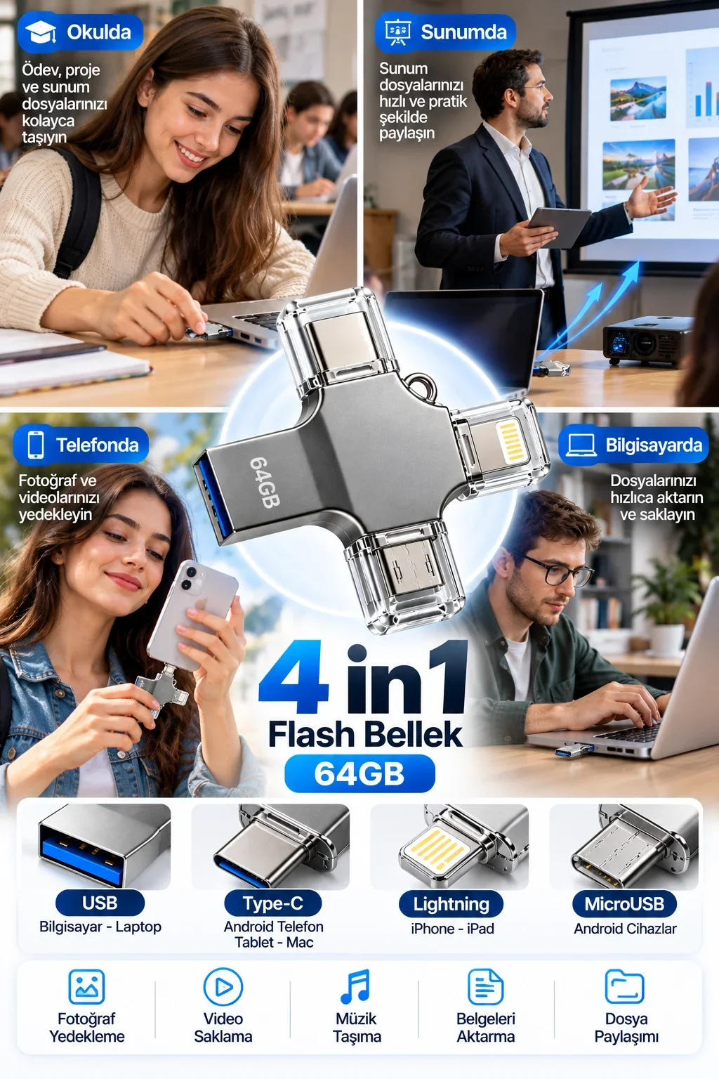 Fotoğraf Video Belge ve Dosyalarınızı Kolayca Aktarmanızı Sağlayan 64GB 4 Girişli Flash Bellek