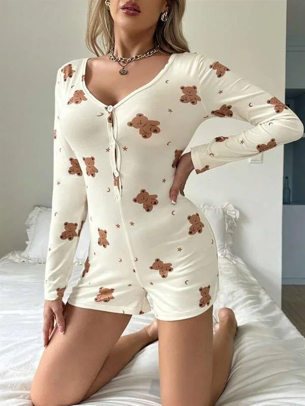 Pamuklu Ekru Ayıcık Desenli Düğmeli Tulum Pijama görseli