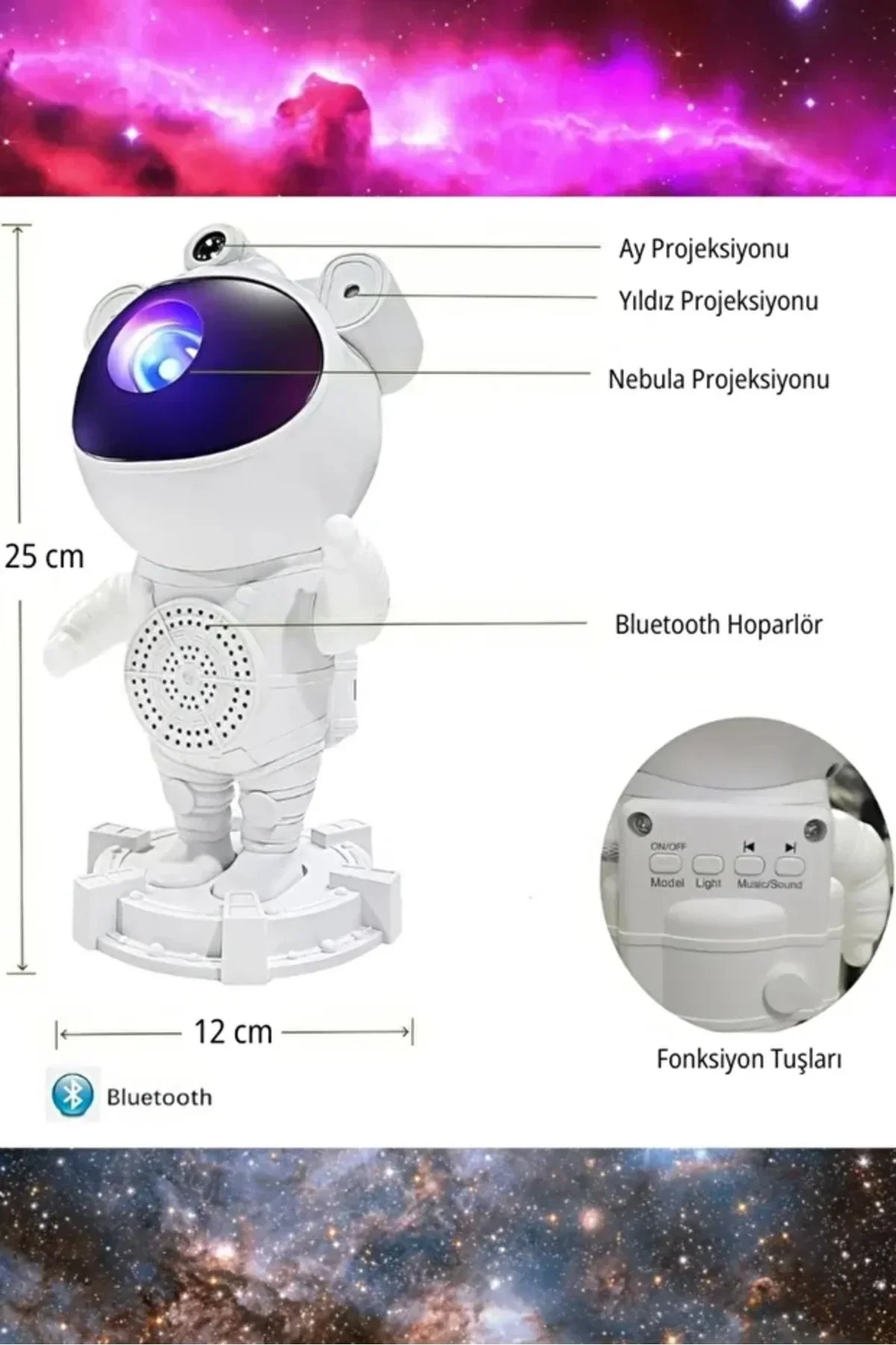 Astronot Bluetooth Hoparlör Bulutsusu Galax yAy Tavan Gökyüzü Projektör Zamanlayıcı Gece Lambası görsel 3