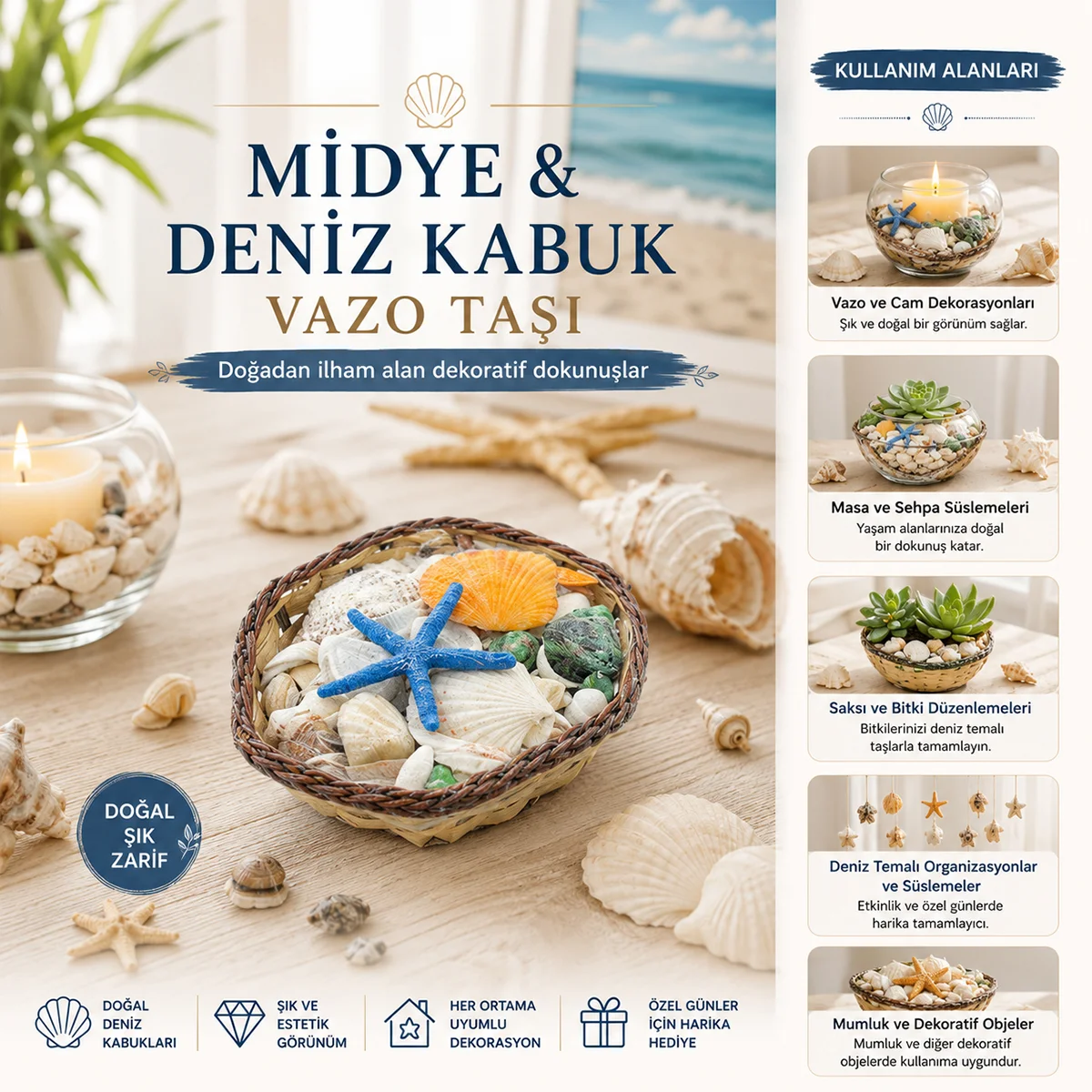 Midye ve Deniz Kabuk Vazo Taşı - Renkli Mix, Ahşap Sepetli (Küçük Kare) görsel 2