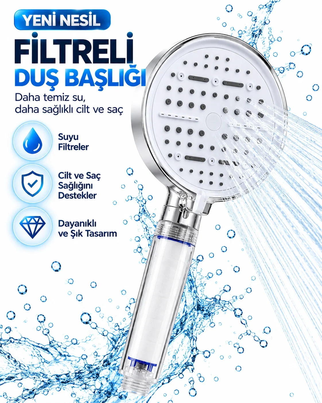 Filtreli 6 Sprey Modlu Duş Başlığı Büyük Panel Beyaz Çok Fonksiyonlu