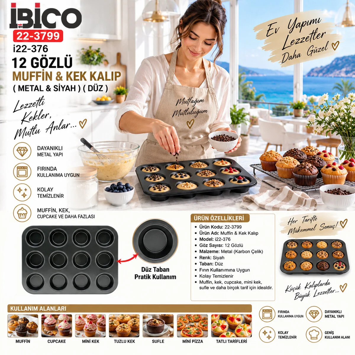 12 Gözlü Metal - Siyah Düz Muffin - Kek Kalıp görsel 4