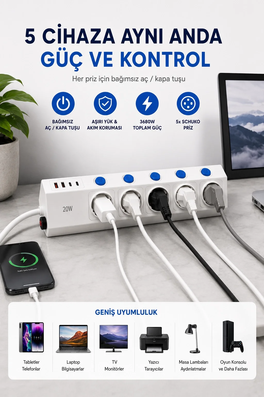 5’li Akım Korumalı Çoklu Priz 2 Metre Kablolu 3680W 16A 5 Anahtarlı 2USB-A 2 USB-C PD 20W Hızlı Ftr-28 görsel 6