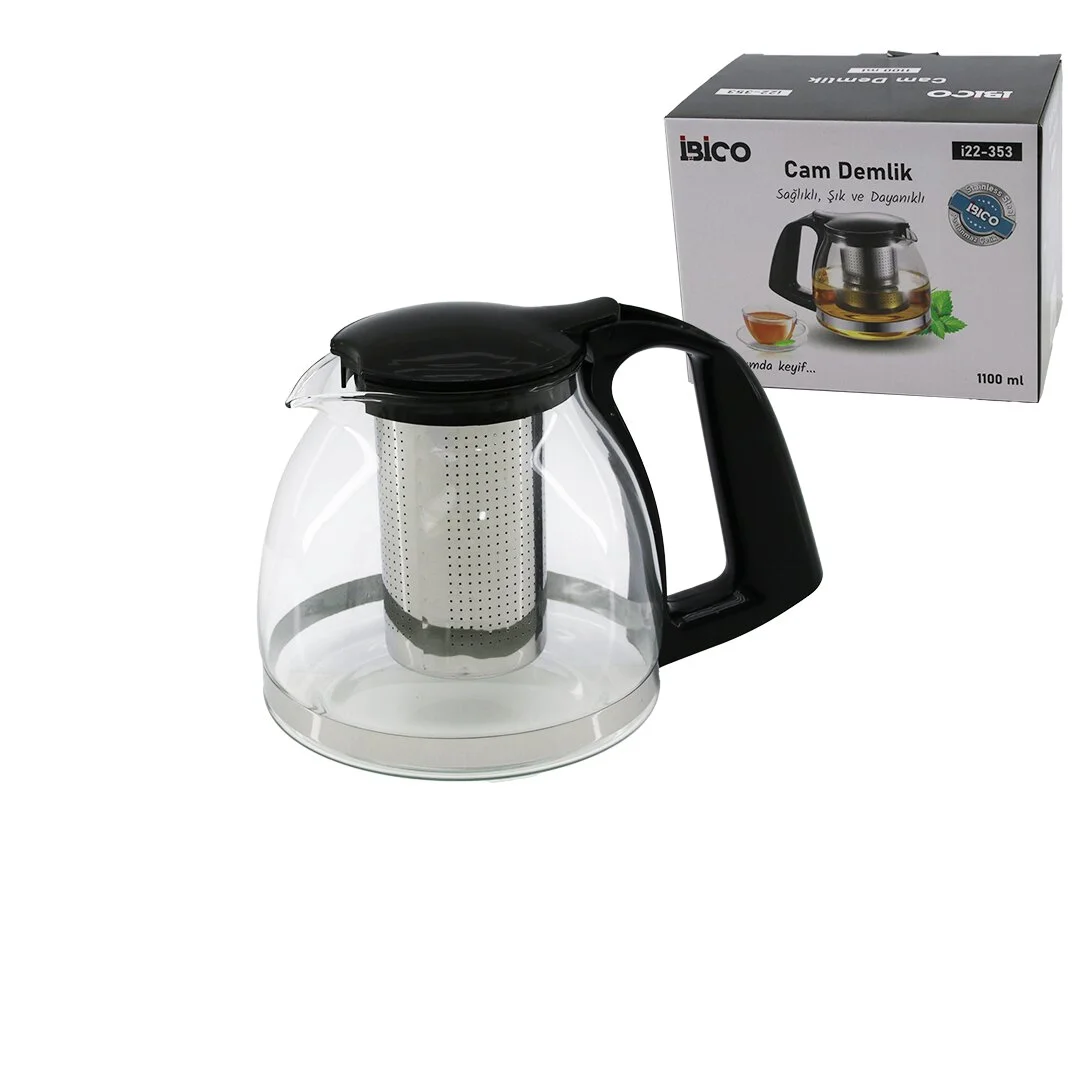 1100ML Cam Demlik Çelik Süzgeçli - Plastik Kulp - Kapak - Krom Çerçeve
