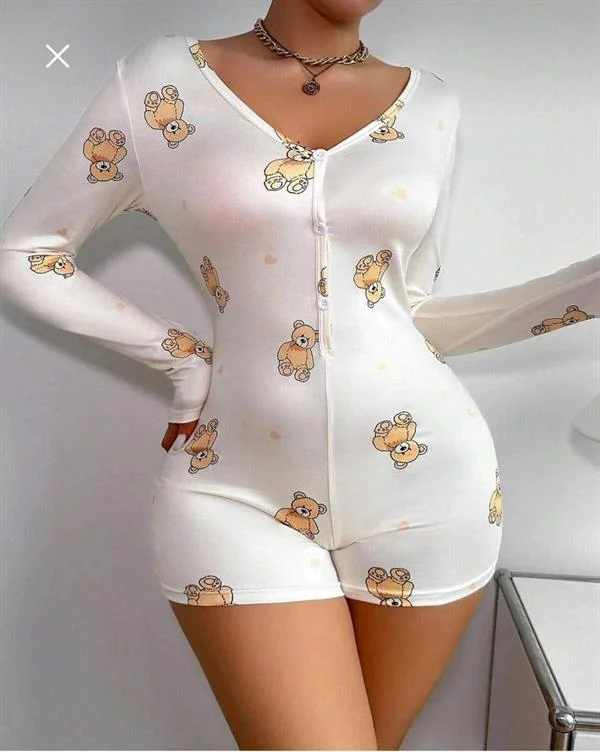 Pamuklu Beyaz Ayıcık Desenli Düğmeli Uzun Kol Tulum Pijama görseli