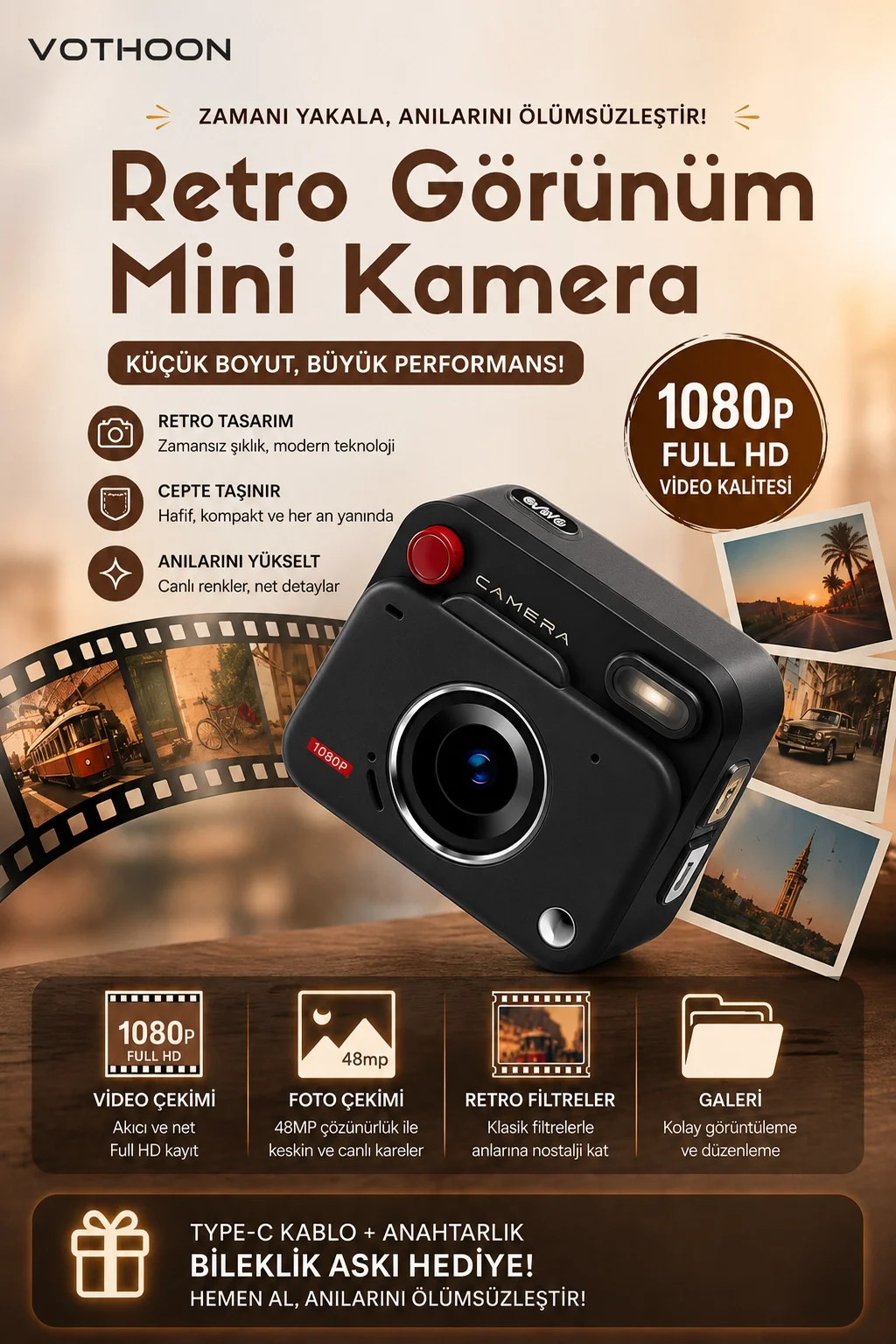 Nostaljik Tasarımı Retro Görünüm Kare ni Foto Video Kamera 1080P Full HD 32GB Kart Hediyeli