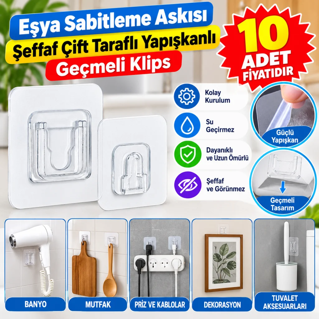 Eşya Sabitleme Askısı 10 Çift Şeffaf Çift Taraflı Yapışkanlı Geçmeli Klips (adet fiyatıdır)
