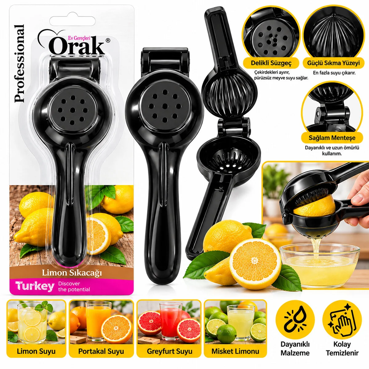 Limon Sıkacak Siyah Kollu Pres Modeli Döküm Limon - Meyve Sıkacak görsel 2
