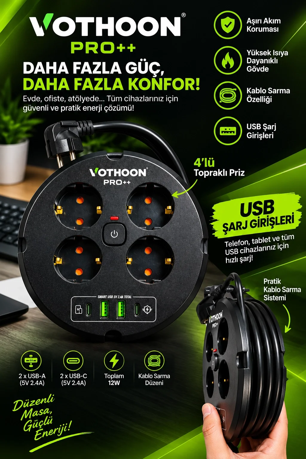 4’lü Priz Makarası 2 Metre Kablolu, 2 USB-A + 2 USB-C Şarj Çıkışlı, Açma/Kapama Düğmeli, 2200W 10A görsel 5