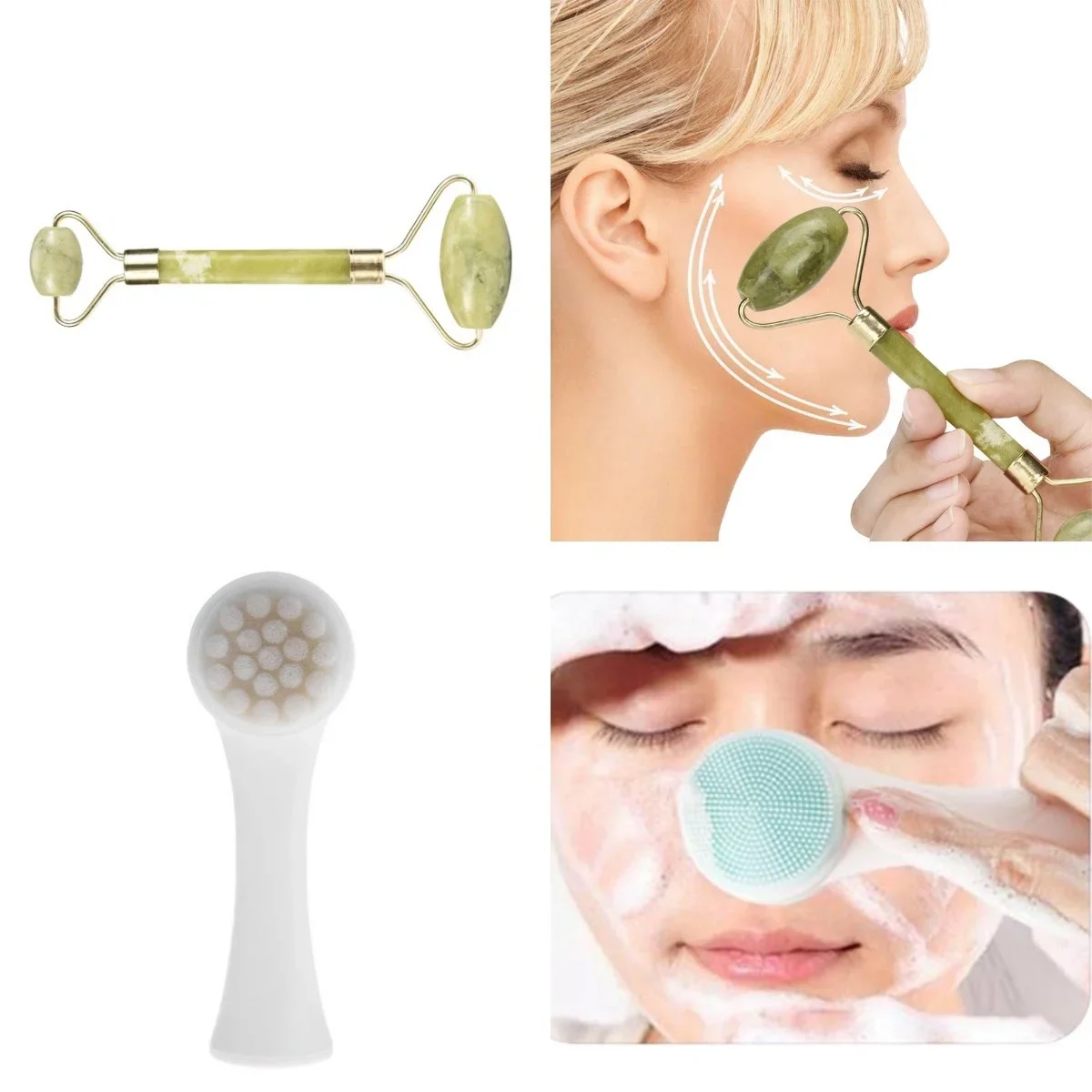 2li Set Çift Taraflı Cilt Tezleme Fırçası ve Yeşim Taşı Çift Taraflı Cilt Masaj Aleti görsel 3