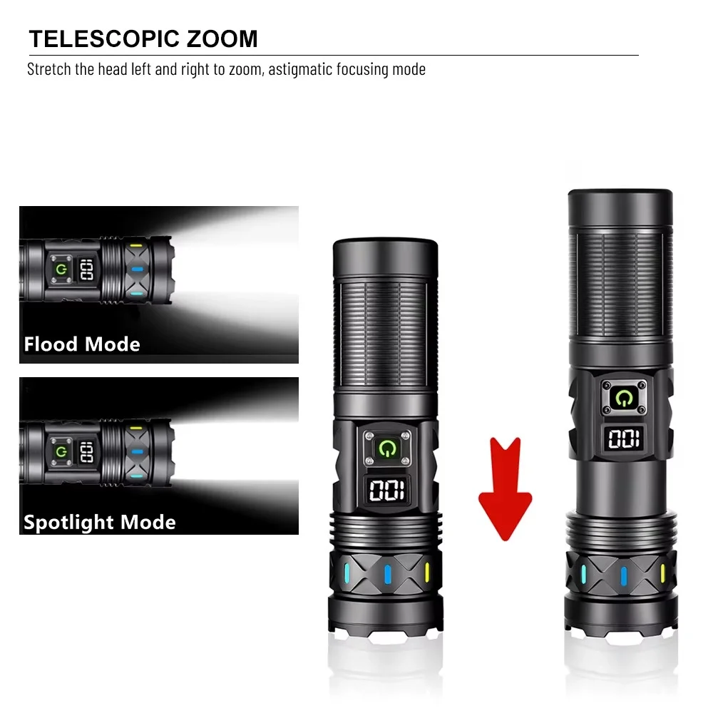 BD-5 30W TG LED Alüminyum Alaşımlı Zoomlu Type-C Dijital Göstergeli Şarjlı El Feneri görsel 4