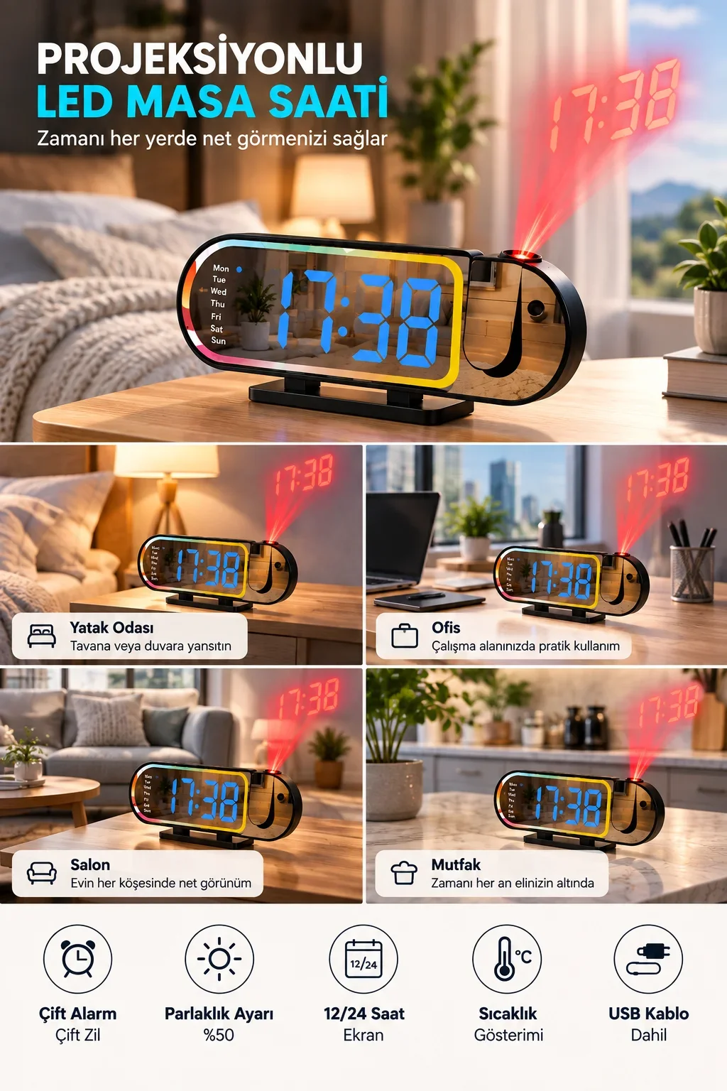 Şık Tasarımlı LED Masa Saati Dijital Ekran Alarm 12 24 Saat ve Sıcaklık Göstergeli görsel 4