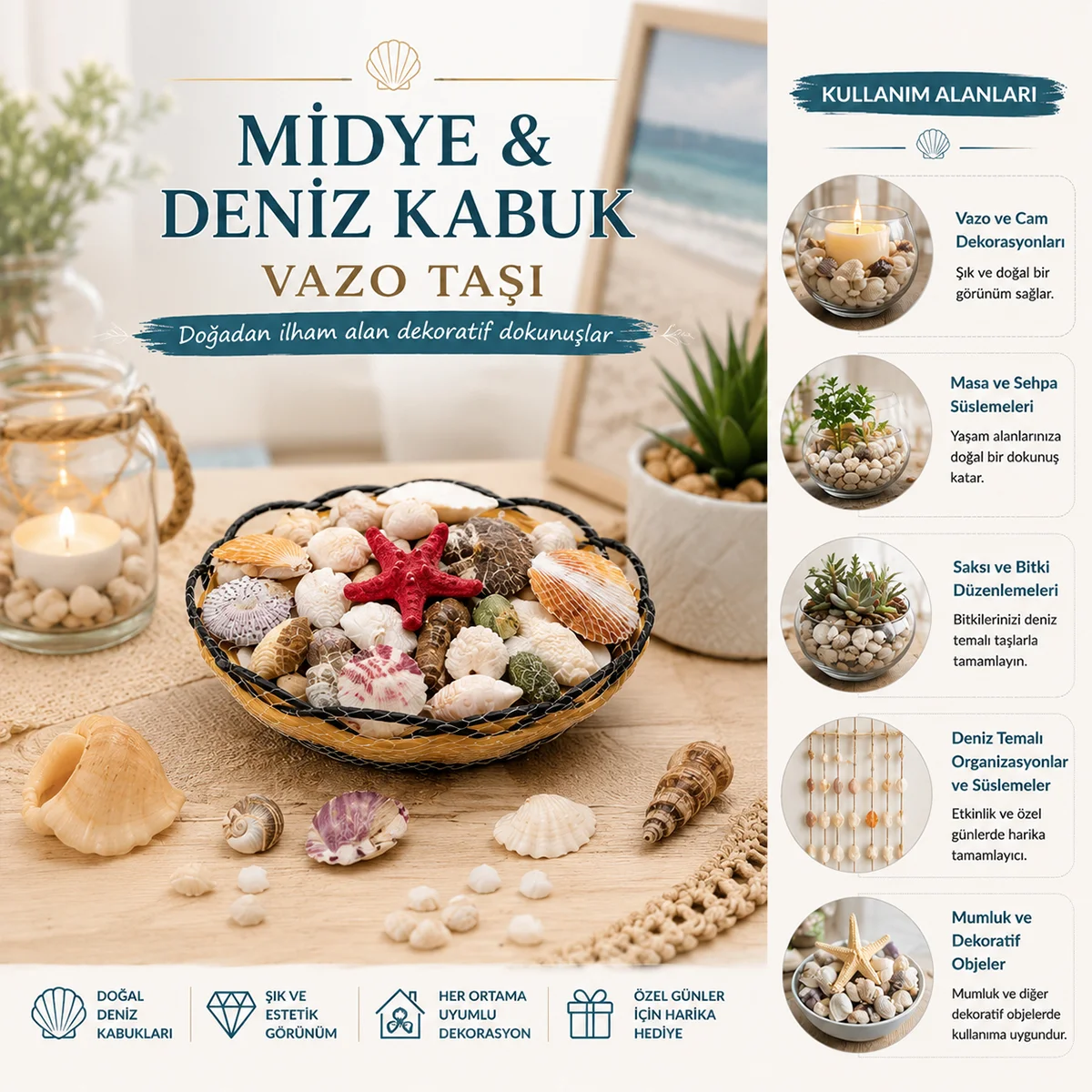 Ahşap Yuvarlak Sepet Fileli Midye ve Deniz Kabuğu Vazo Taşı görsel 2