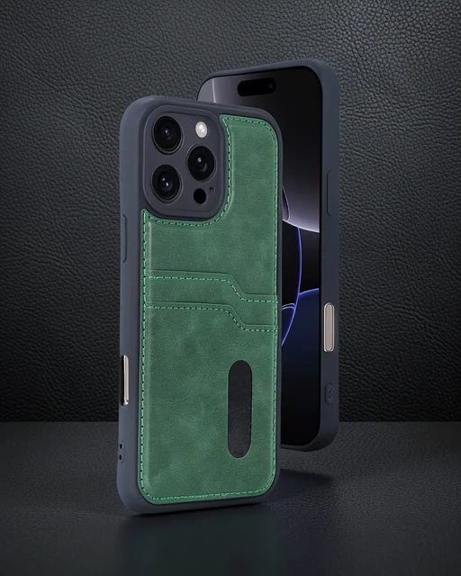 Apple İphone 16 Pro Kılıf Sara Kartvizitli Deri Kılıf - Koyu Yeşil