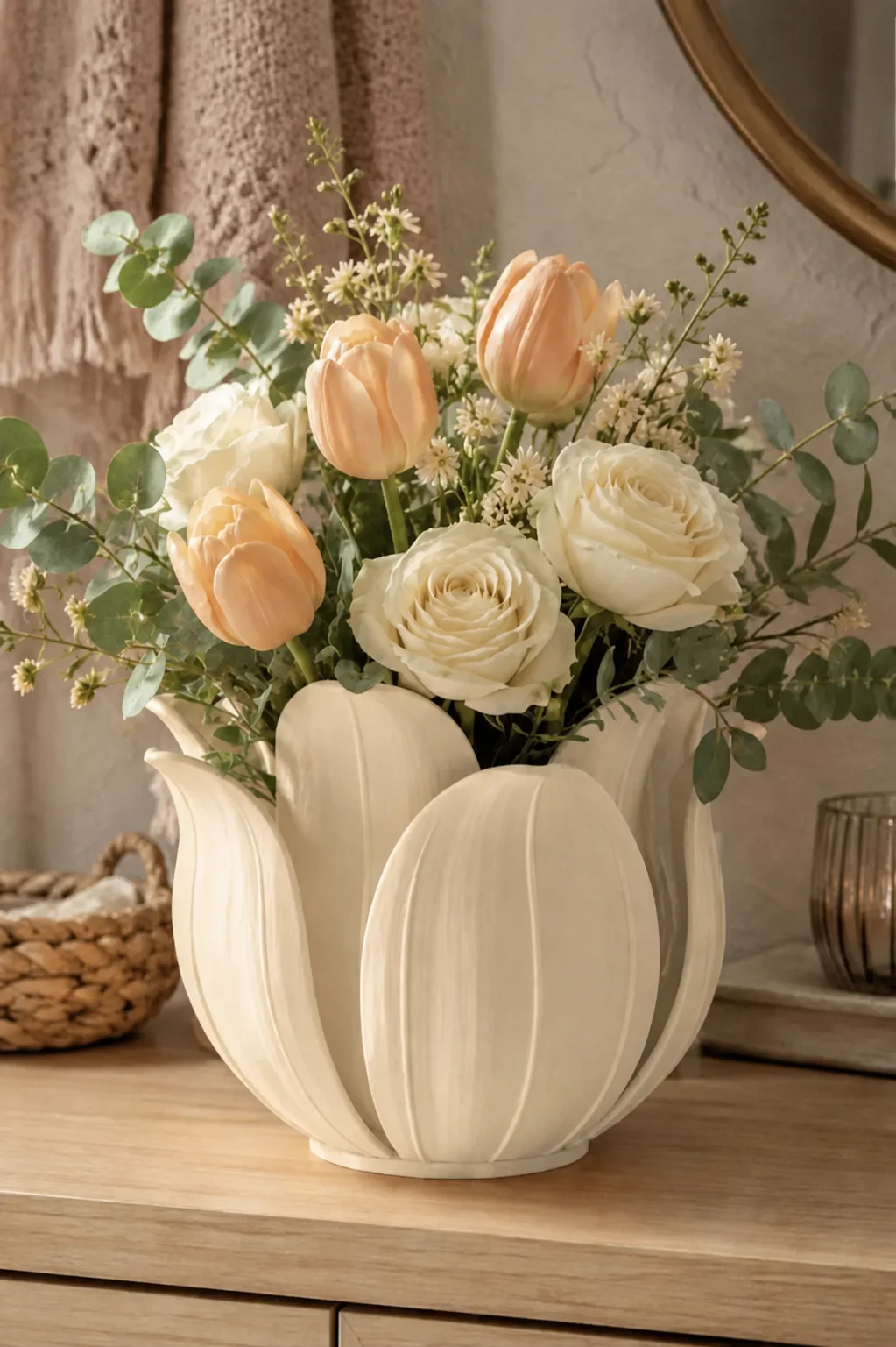 3D Baskı Lotus Yapraklı Vazo - Dekoratif Çiçeklik-Bej görsel 2