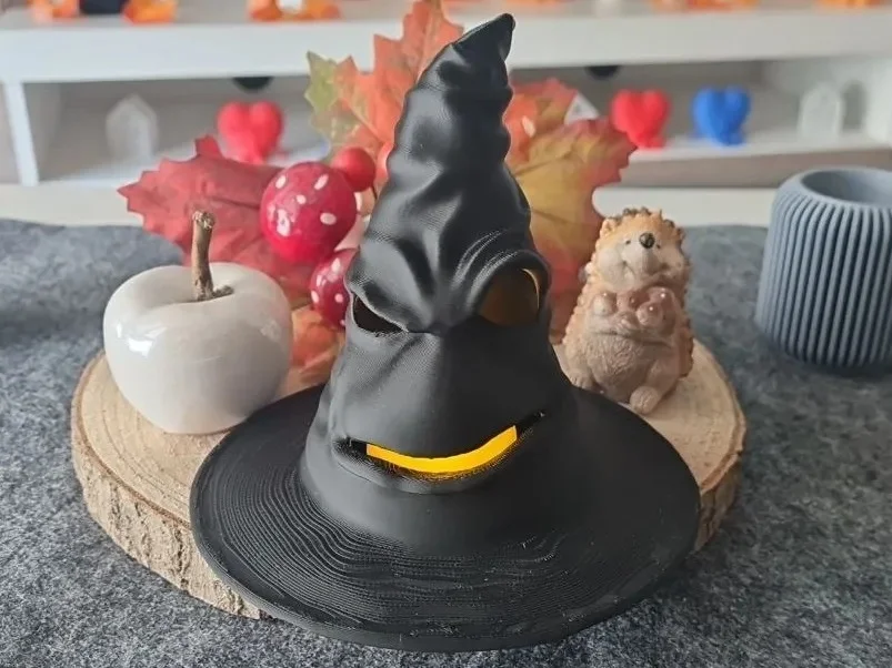 3D Baskı Cadı Şapkası Tealight Mumluk Işıklı Yüz Detaylı Cadılar Bayramı Feneri Masa Süsü Siyah