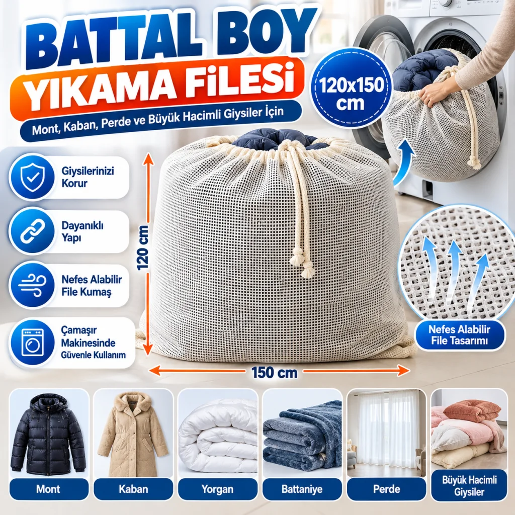 Battal Boy 120x150 cm Mont ve perde Yıkama Filesi–Extra Büyük, Dayanıklı, Nefes Alabilir Çamaşır Koruma Torbası