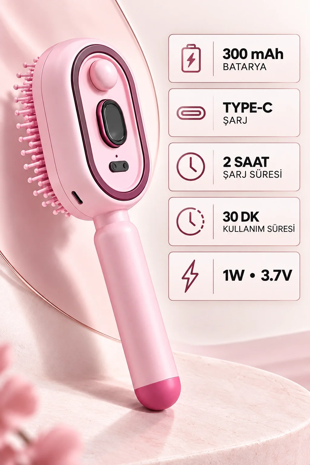 Elektrikli Spreyli Saç Tarağı 300 mAh Type‑C Şarjlı İnce Spreyli Antistatik Bakım Fırçası pembe görsel 2