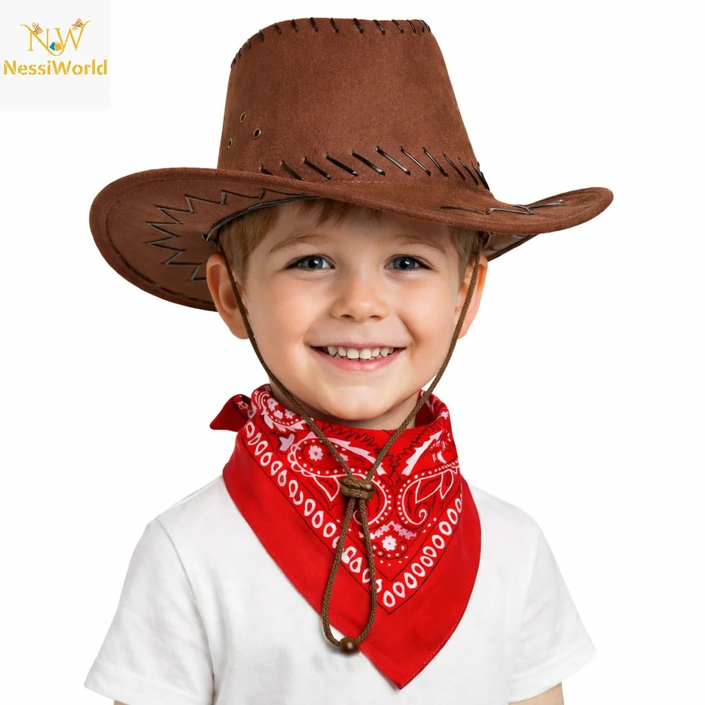 Çocuk Kovboy Şapka Kahverengi & Kırmızı Bandana Seti görsel 2