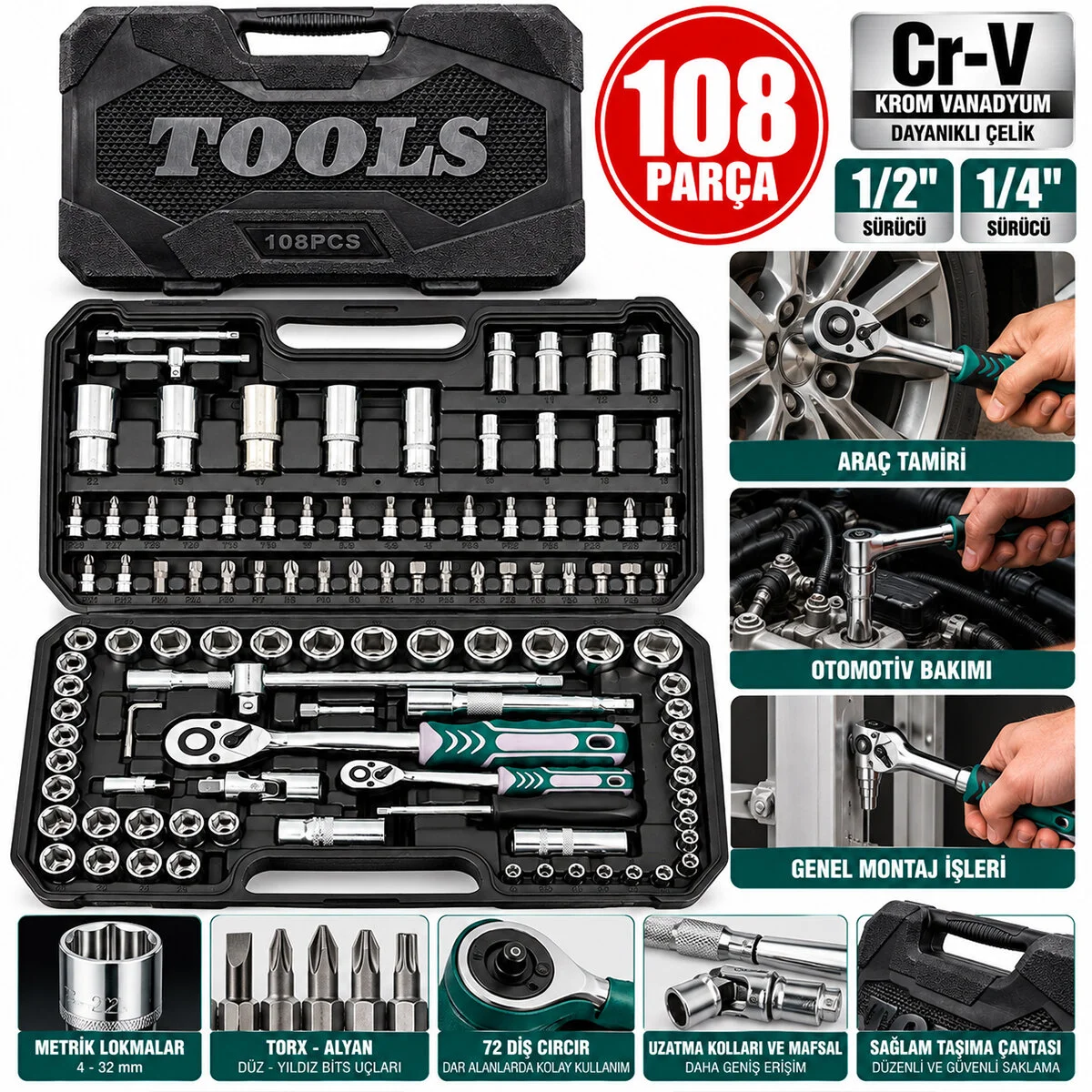 108 Parça Lokma Seti Lokma - Soket - Bits Adaptör - 2AD.CIRCIR Kolu Plastik Çantalı görsel 2