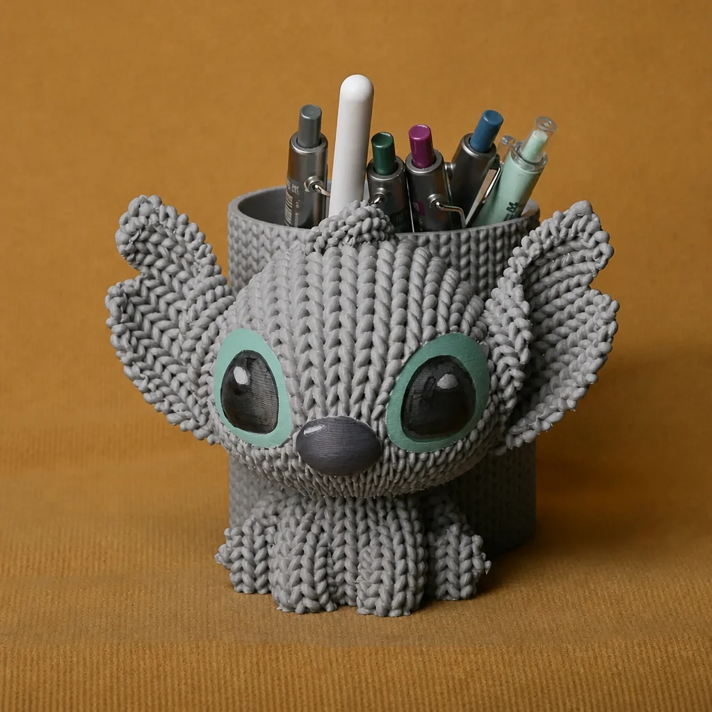 3D Baskı Knitted Kalemlik - Sevimli Karakterli Masaüstü Kalem Organizeri-Gri