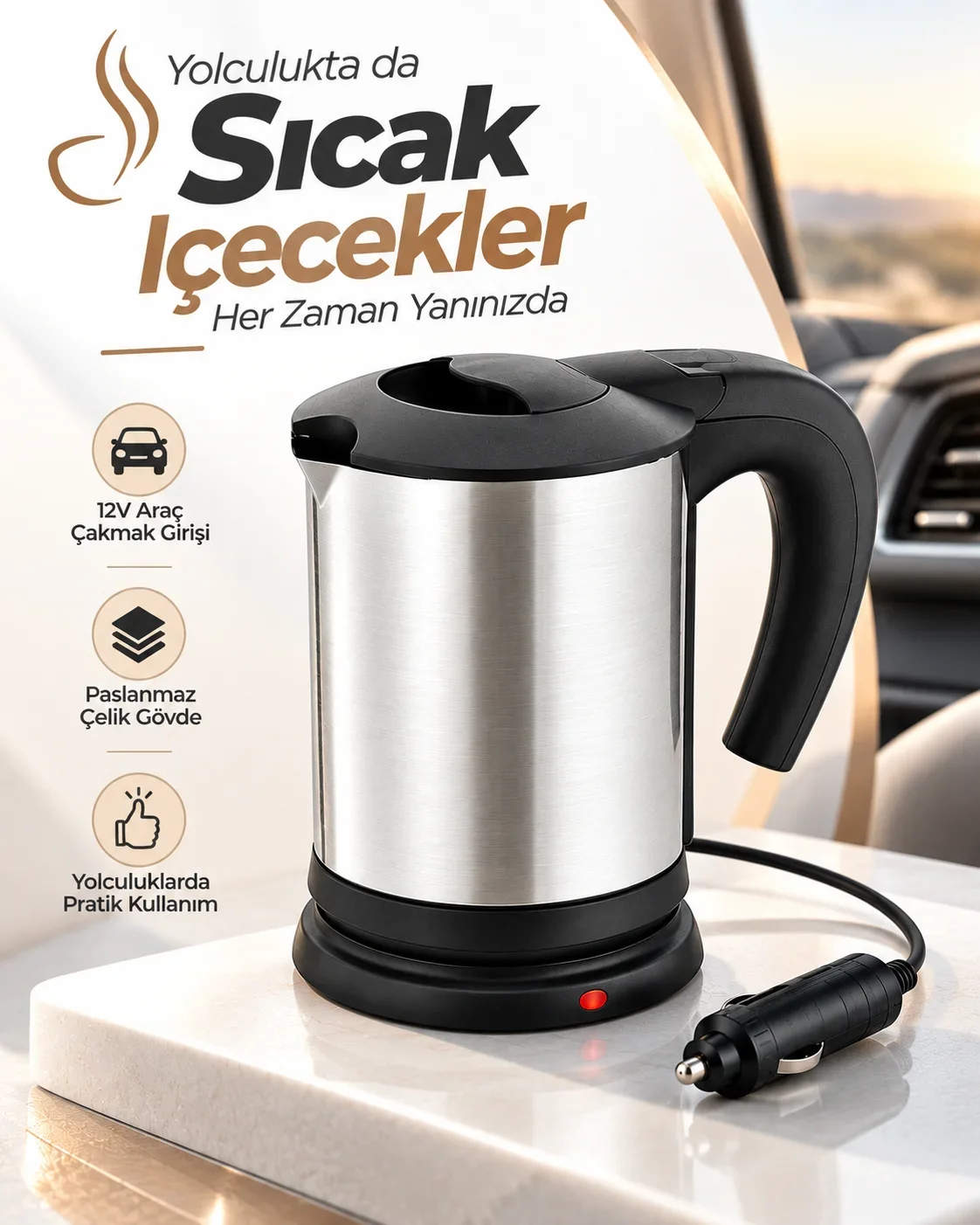 Yolculuk ve Seyahat İçin 12V Araç Uyumlu Paslanmaz Çelik Elektrikli Su Isıtıcı Kettle