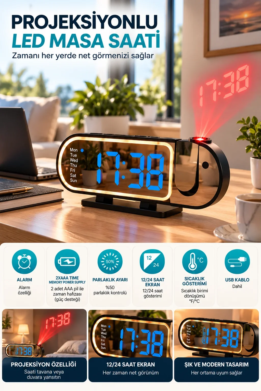 Şık Tasarımlı LED Masa Saati Dijital Ekran Alarm 12 24 Saat ve Sıcaklık Göstergeli