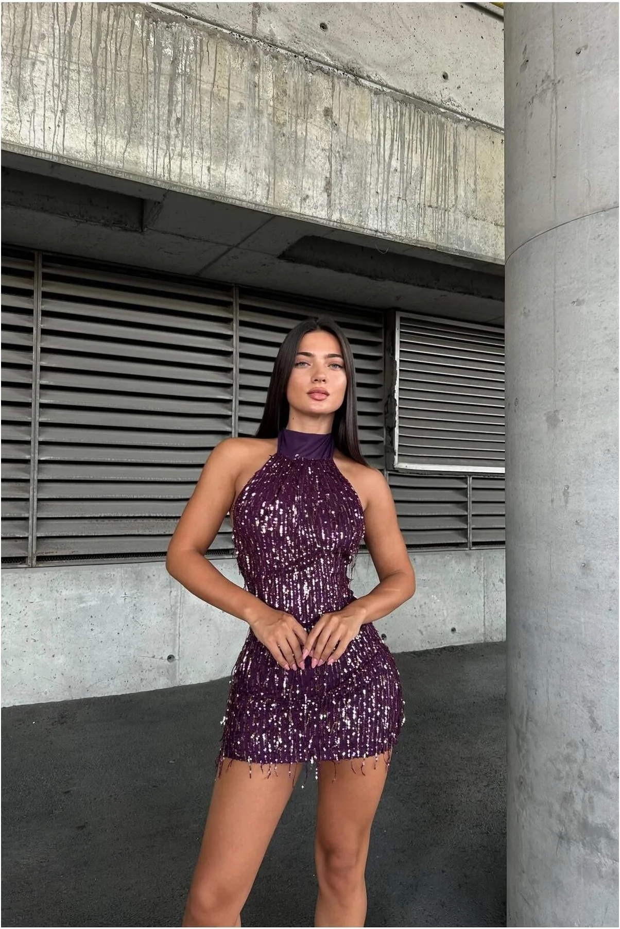Kadın Bohem Simli Kumaş Halter Yaka Payetli Mini Abiye Elbise