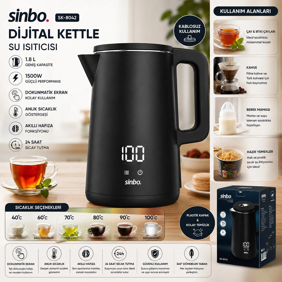 1.8L 1500W Plastik Kapak - Dokunmatik Ekran Dijital Kettle Su Isıtıcısı Kablosuz Kullanım SK-8042 görsel 2