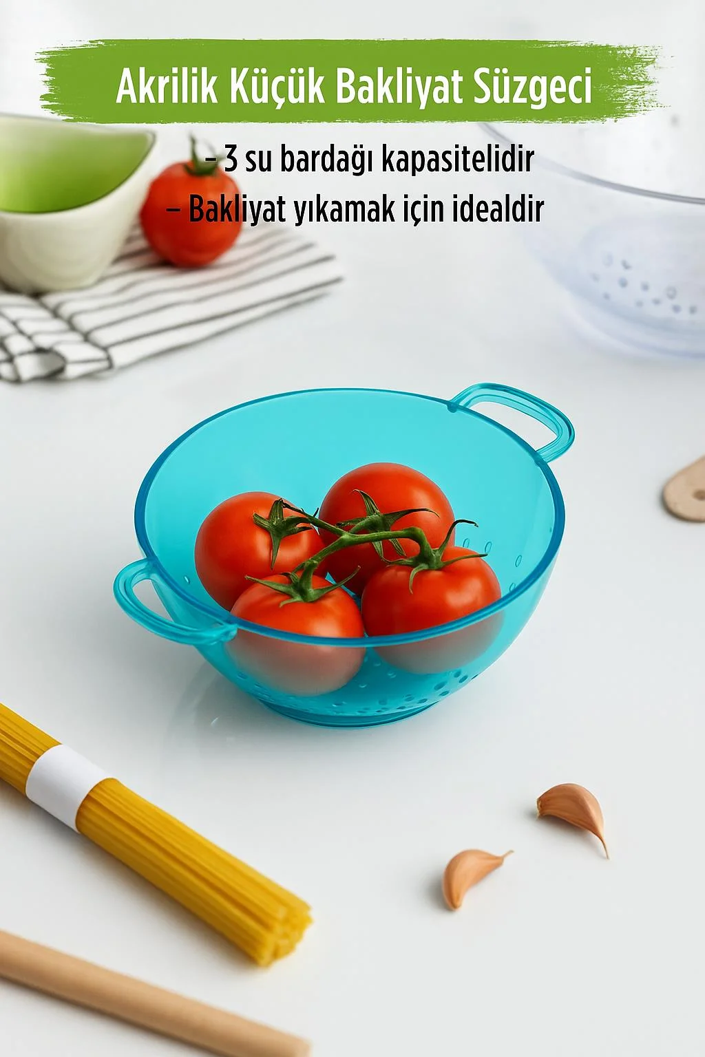 Akrilik Aquamarin ni Pirinç Süzgeçi & Bakliyat Süzgeçi (3 SU BARDAĞI ÖLÇÜLÜ)