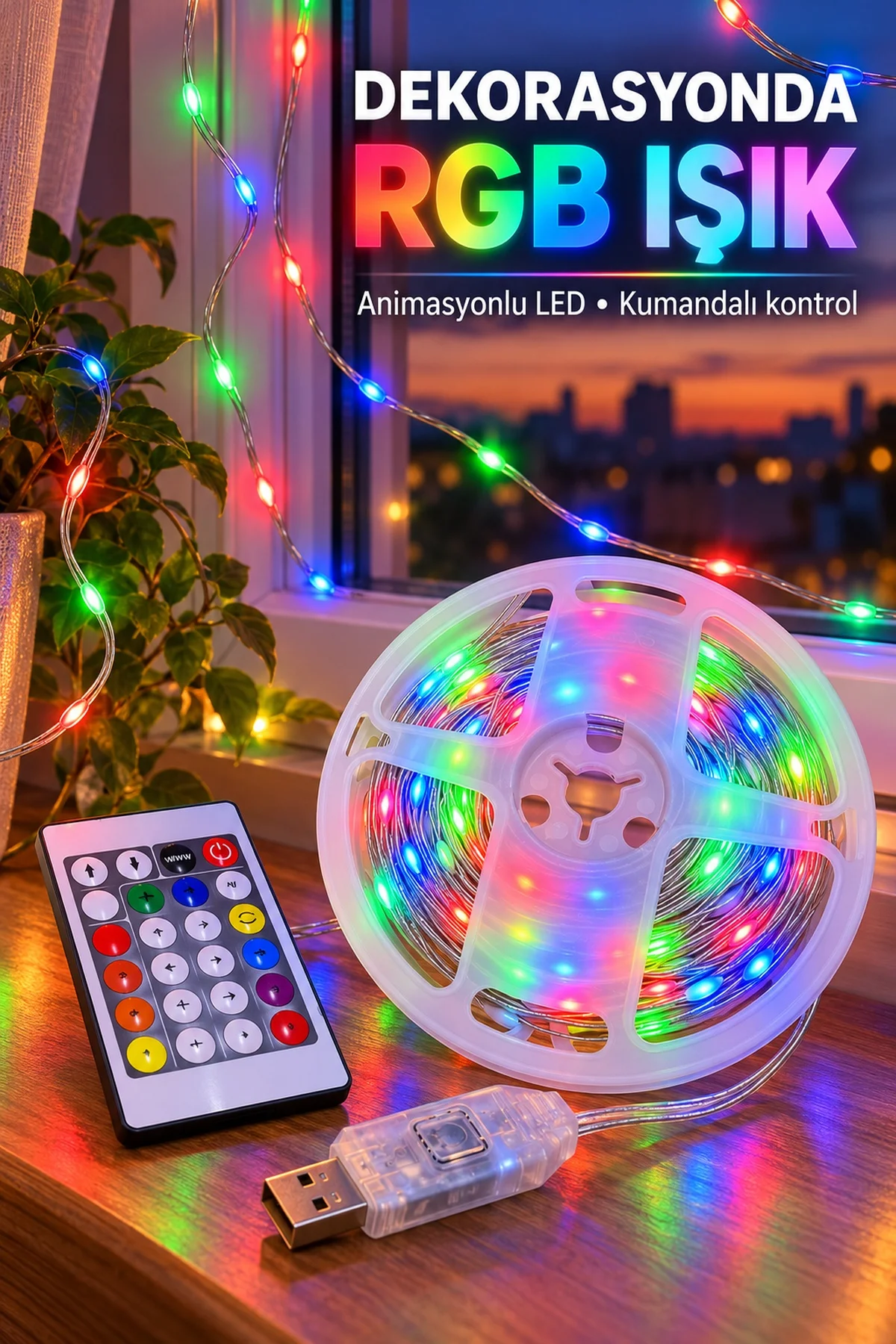 Uzaktan Kumandalı Çok Renkli LED Tel 10 Metre görsel 2