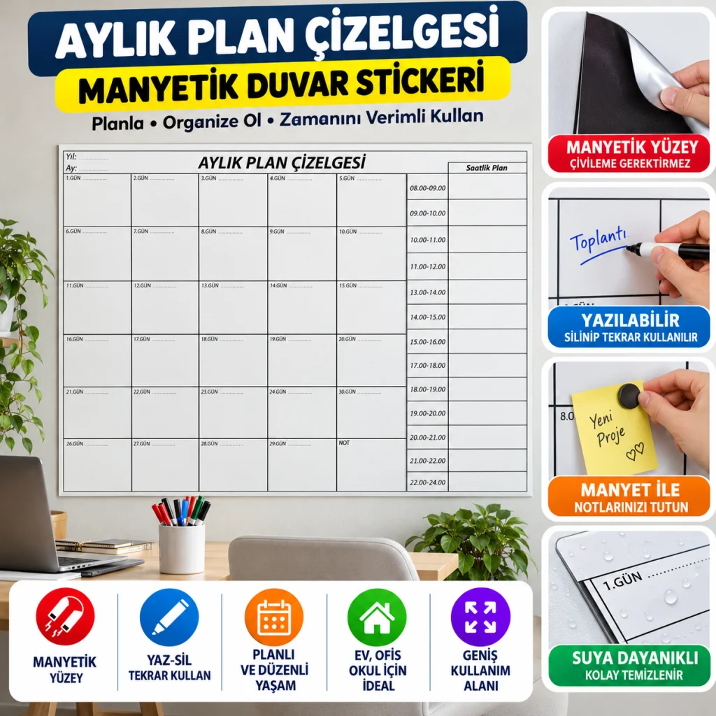 Aylık Planlayıcı Manyetik Duvar Stickerı Takvim Plan Çizelgesi