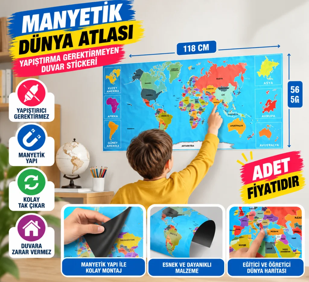 Renkli Atlas Dünya Haritası Manyetik Yapıştırıcı Gerektirmeyen Duvar Stickerı 118 CM * 56 CM (adet fiyatıdır)