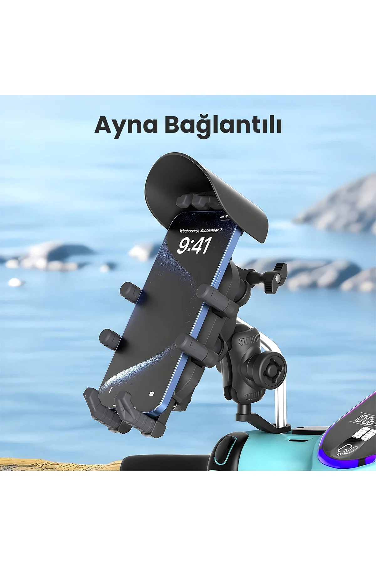 Ayna Bağlantılı Güneş ve Yağmur Korumalı 360° Derece Ayarlanabilir Motosiklet Telefon Tutucu görsel 6