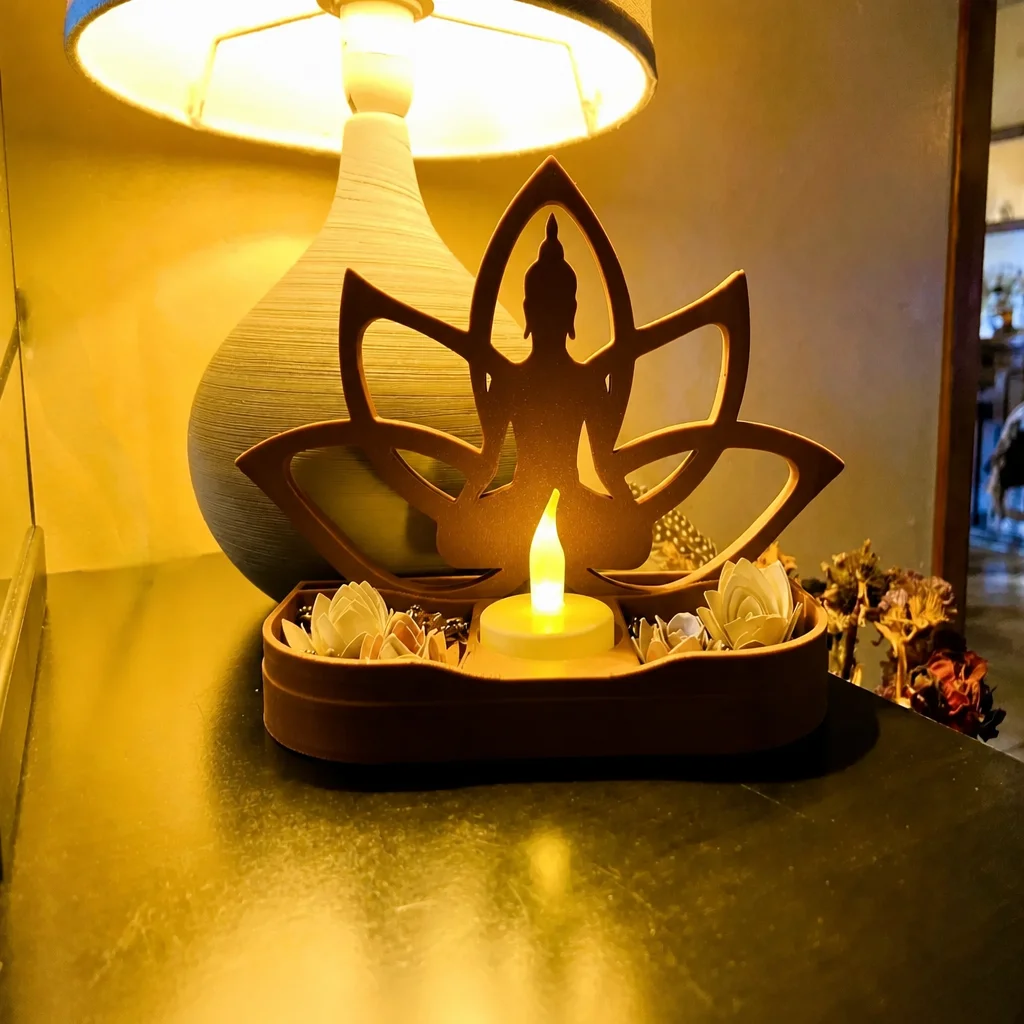 3D Baskı Lotus Buda Mumluk - Dekoratif Tealight Mumluk-Kahverengi