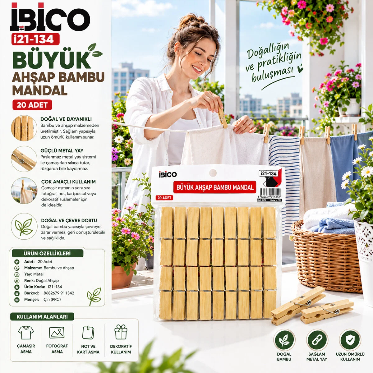 20PCS Büyük Ahşap Bambu Mandal görsel 2