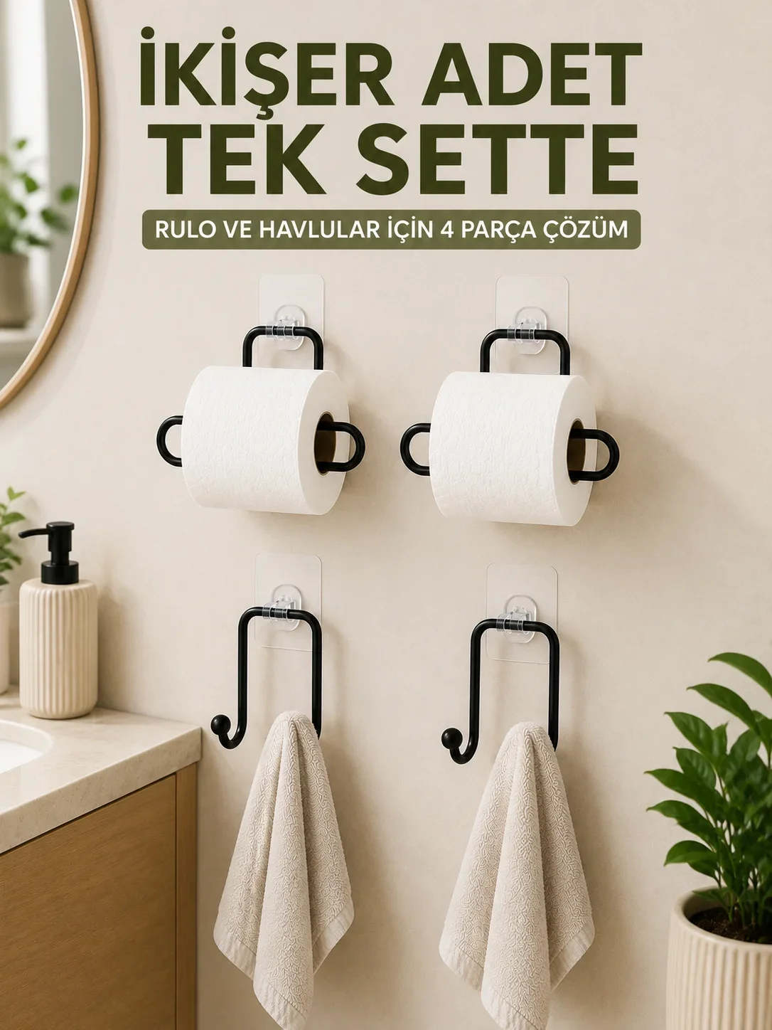 Rulo Kağıt Tutucu ve Havlu Bez Askılığı Seti 2’şer Adet Toplam 4 Parça