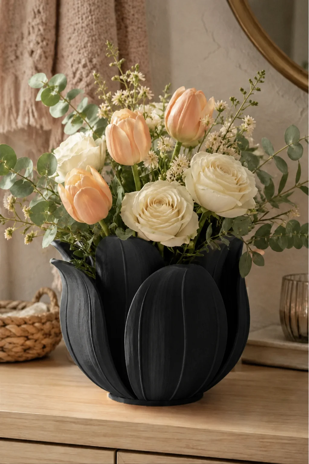 3D Baskı Lotus Yapraklı Vazo - Dekoratif Çiçeklik-Siyah görsel 2