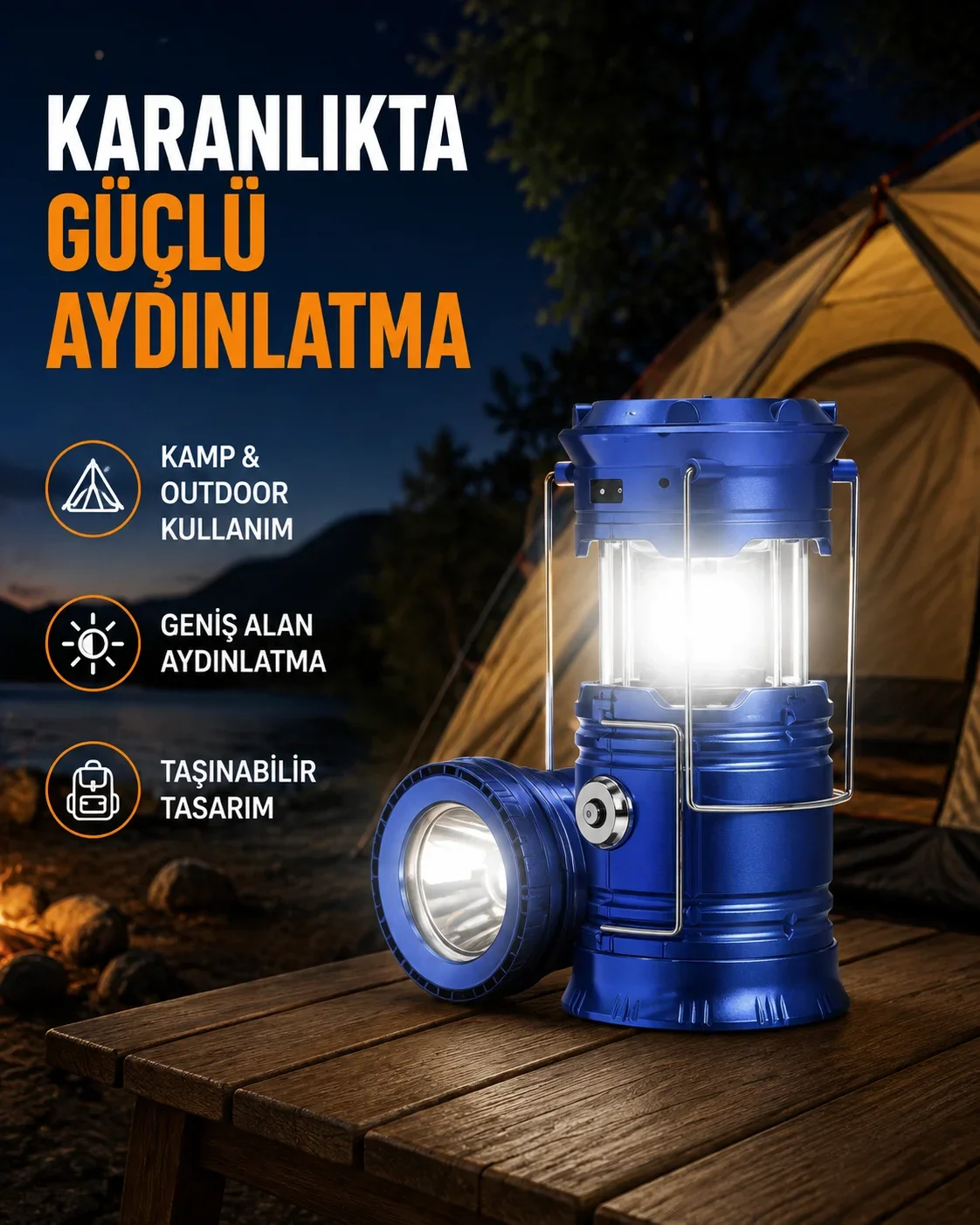 Güneş Enerjisiyle Çalışan Kamp Feneri Hafif Portatif Uzun Ömürlü